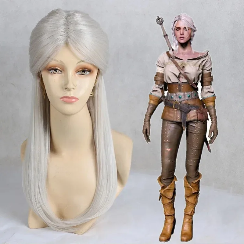 The Witcher 3 Wild Hunt Ciri كوسبلاي فضي أبيض اصطناعي طويل مستقيم من الألياف المقاومة للحرارة لحفلات الهالوين