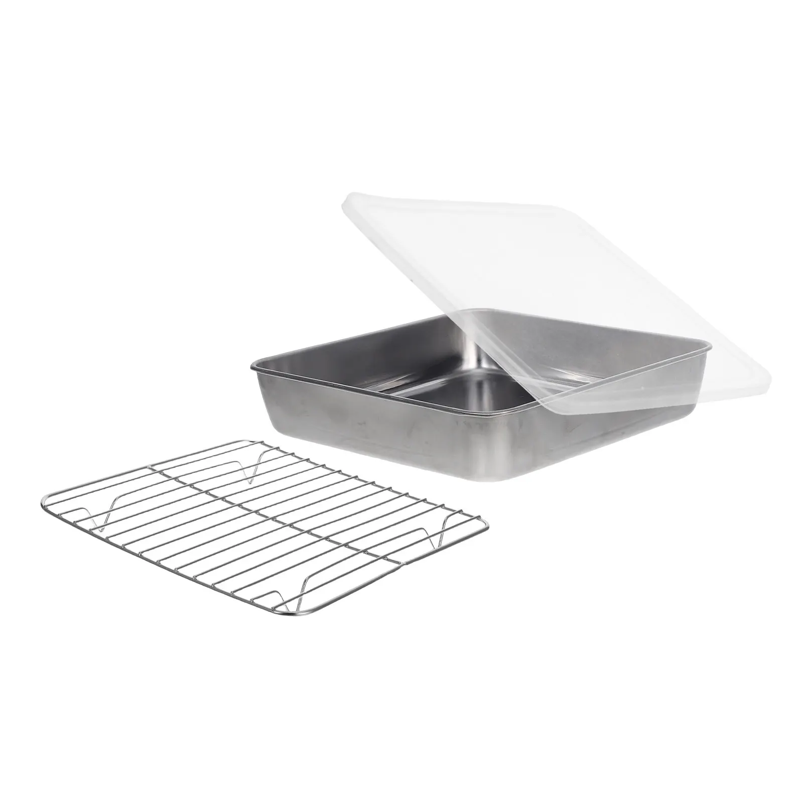 1Set Stainless Steel Rectangular Roasting Pan Set with Lid Rack High-Temp Oven-Safe Baking Pan for Roasting Steaming Braising