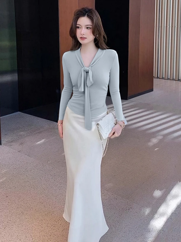 

Женский комплект из топа с поясом и юбки, весна 2026, облегающий, из двух предметов, модный, в студенческом стиле, из полиэфирного волокна