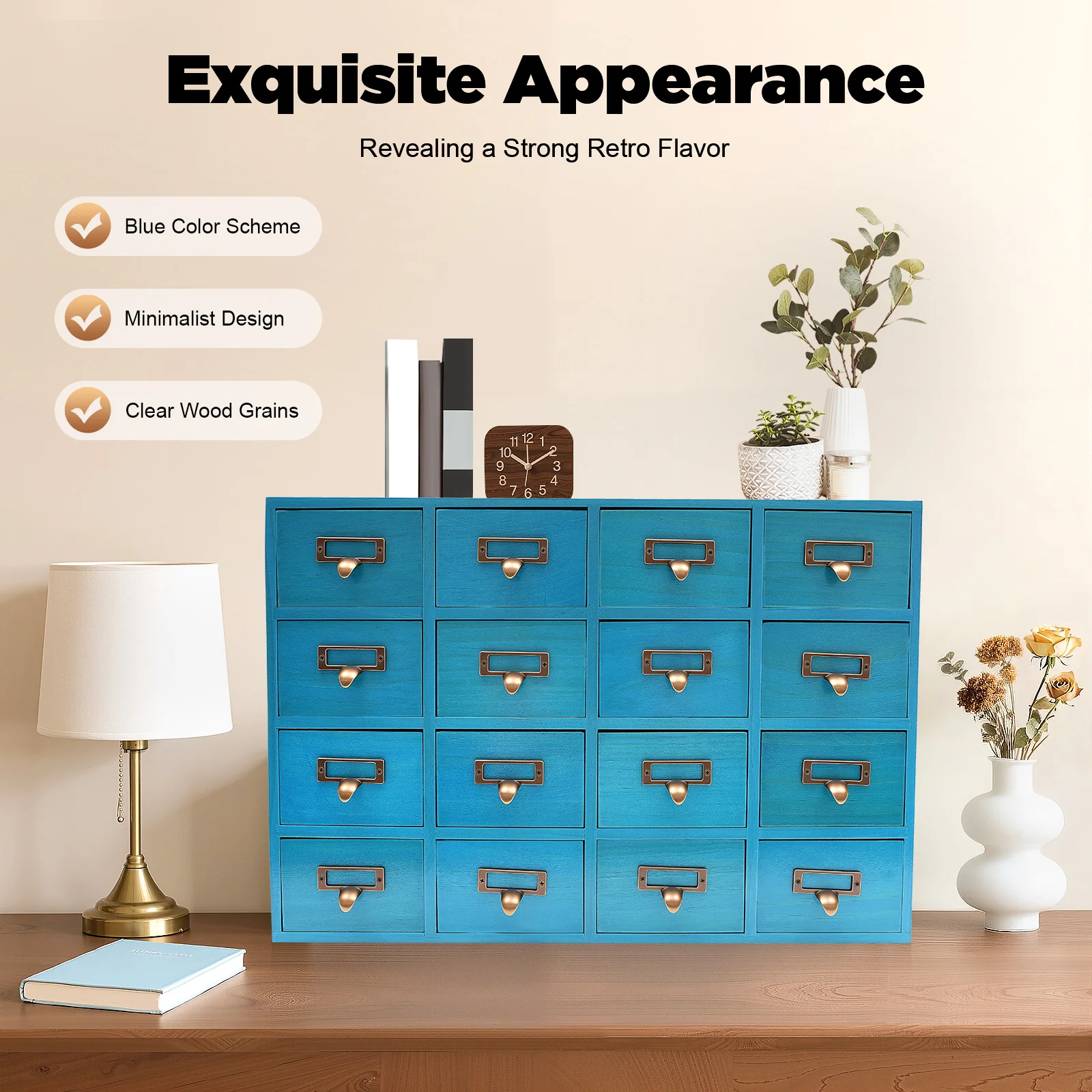 

16 Drawers Apothecary Cabinet Wooden Metal Blue Rustic Each Drawer Herb Storage Desk Organizer