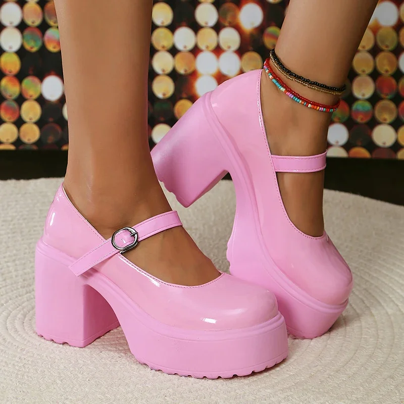 

Lolita Style High Heels Pumps Women 2025 Pink Chunky Platform Mary Jane Shoes Woman Pu Leather Ankle Buckle Party Shoes Lady