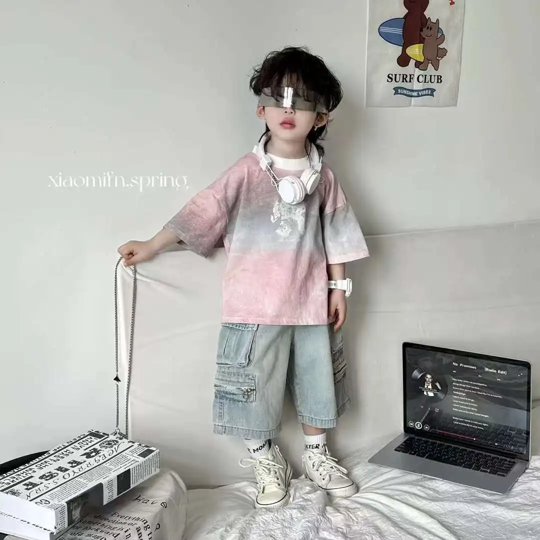 Boys' Summer Set Fashionable New Children's Tie Dyeing T-shirt+Retro Work Shorts 2-piece Set Kids Clothing Suit