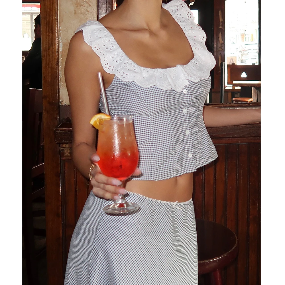 Vrouwen Kawaii Zoete Kant Bloem Holle Tanks Tops Hemdje Ruches Plaid Print Knop Slim Fit Fairycore Harajuku Cropped Vesten