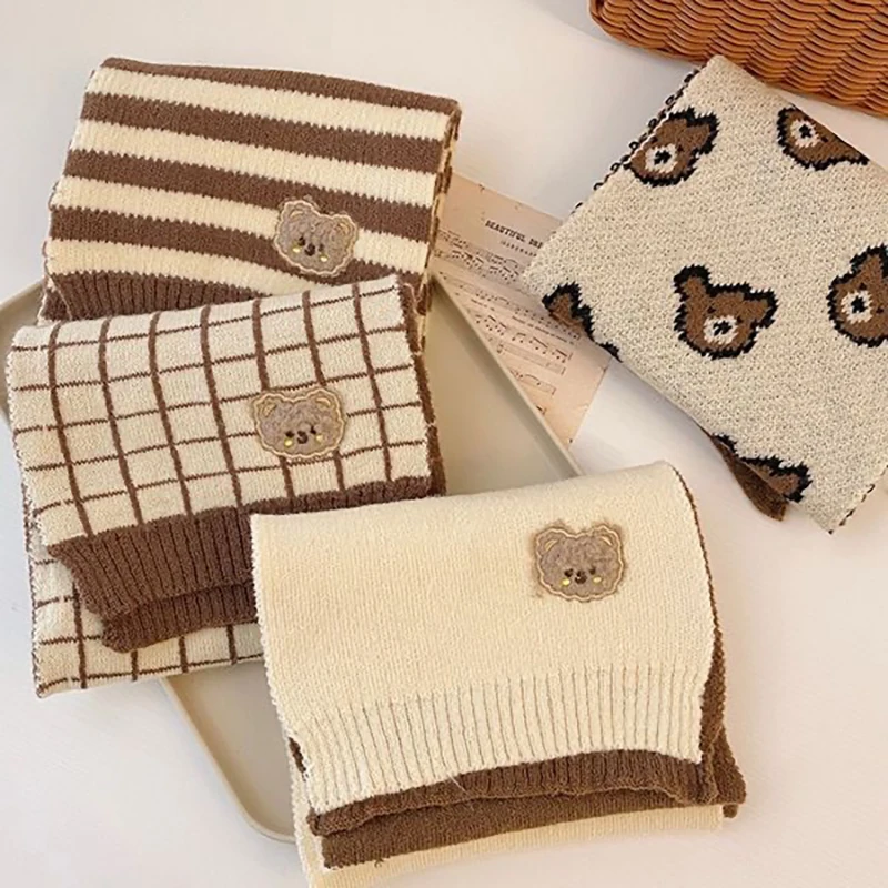 New Korean Bear Stripe Kids Scarf Winter Thick Velvet Warm Boy Girl Long Neckerchief Outdoor Windproof Kids Anti-Cold Neck Cover