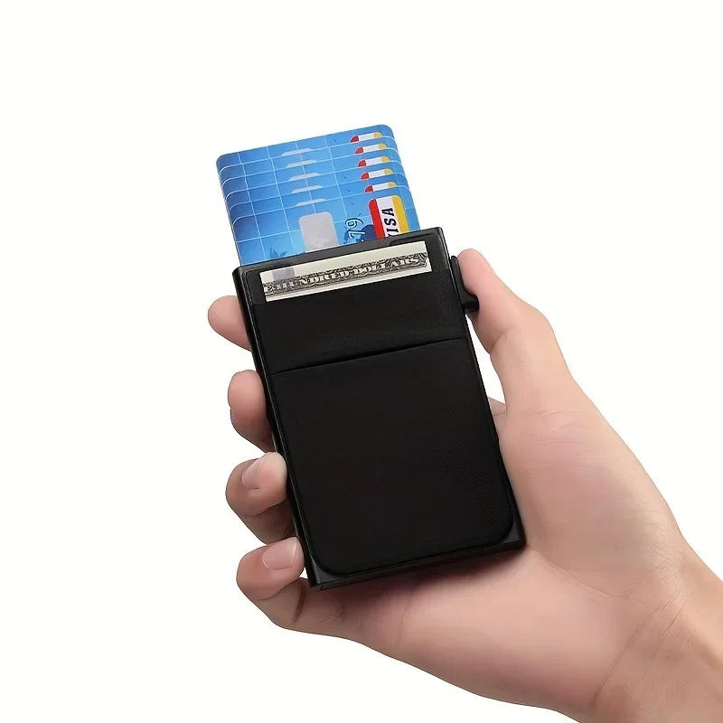 Side Push Elastic Card Strap Double Lycra Fabric Minimalist Men's RFID Metallic Wallet Silver Card Case Coin Purse Card Holder