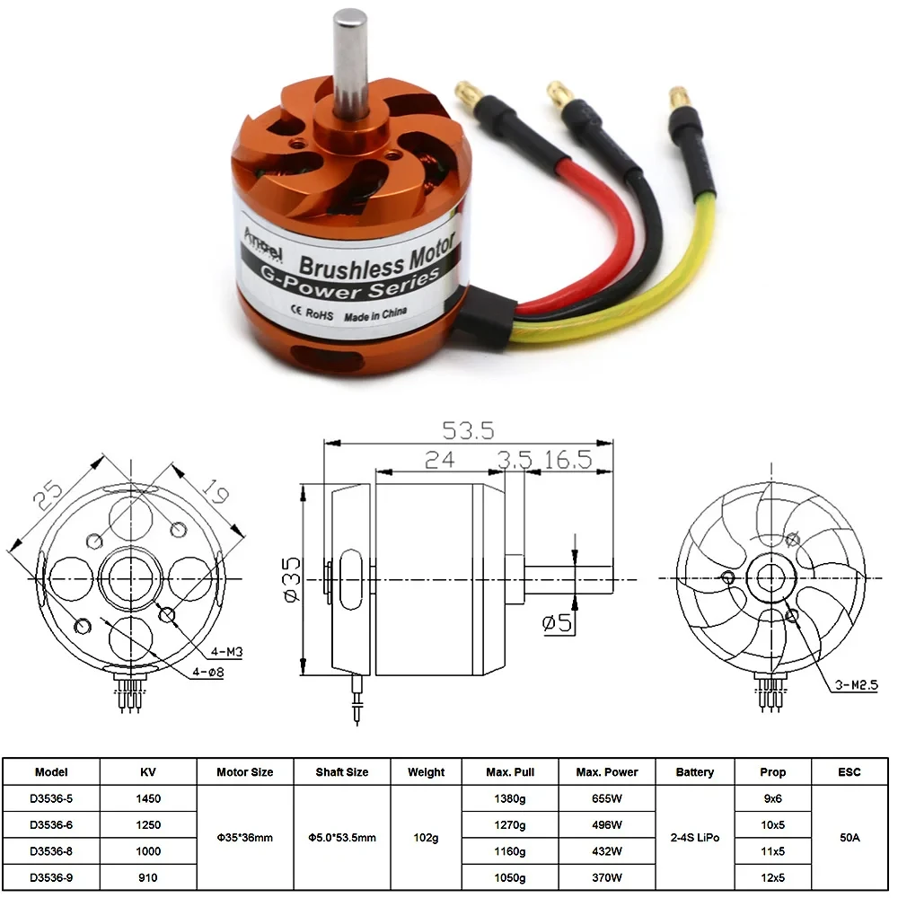 Motor Outrunner sin escobillas D3536 910KV 1000KV 1250KV 1450KV para Mini multicópteros RC avión helicóptero modelo piezas