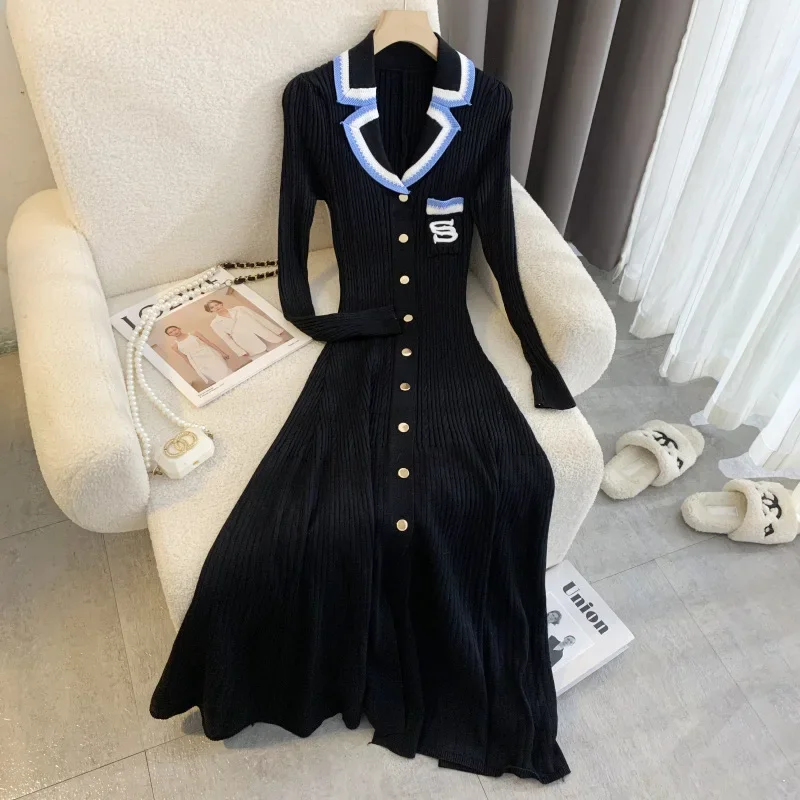 NMZM Elegant Embroidered Letter Knitted Long Skirt Autumn/Winter Brand Fashion Women's Hollow Black Sweater Dress Office Robe