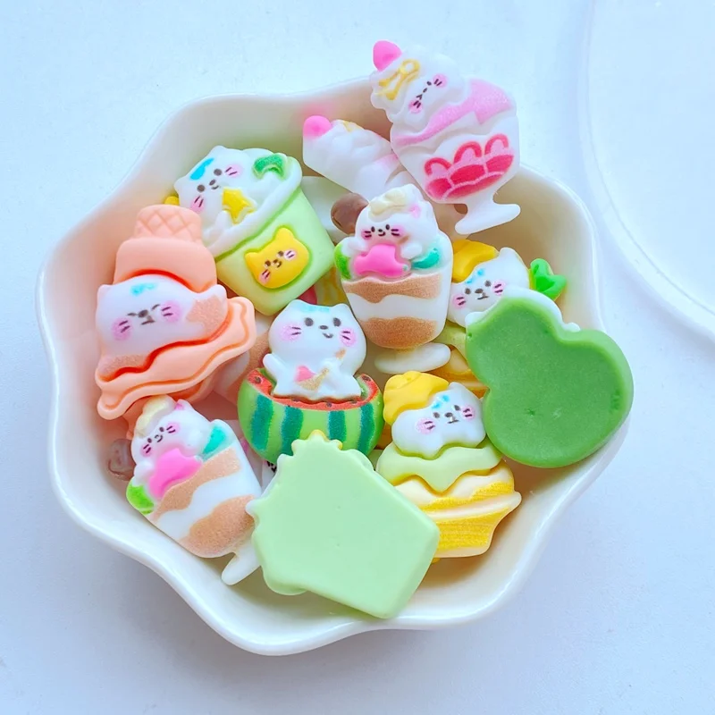 10Pcs New Resin Mini Cat Ice Cream Series Flat Back Scrapbooking DIY Jewelry Craft Decoration Accessories