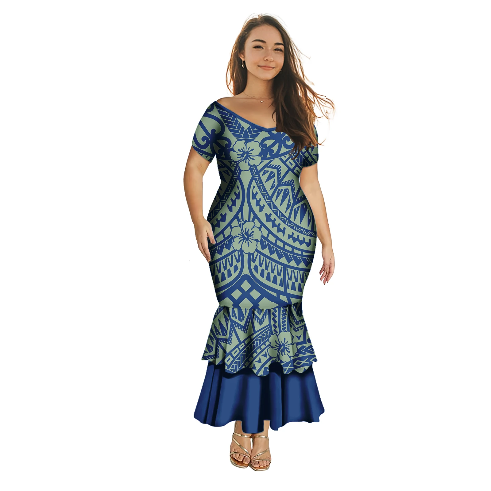 Hawaii High Quality Big V-Neck Custom Tropical Pattern Ladies Island Dress Women Elegant Fashion Cascading Fishtail Dress Samoan
