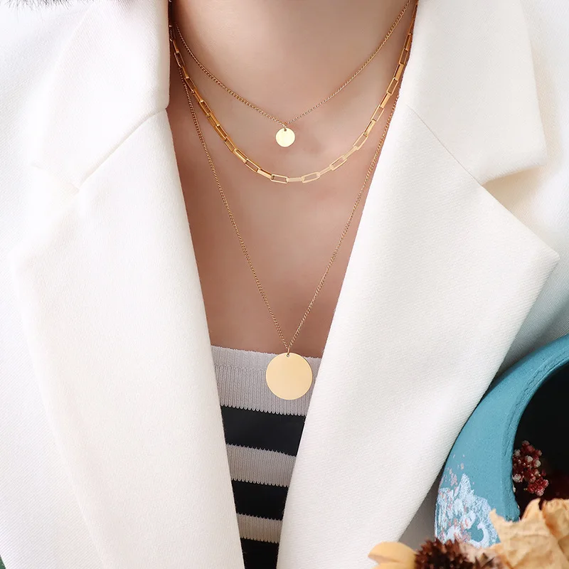 2025 Three-layer collarbone 18K real gold necklace European and American ins cold wind necklace jewelry gifts