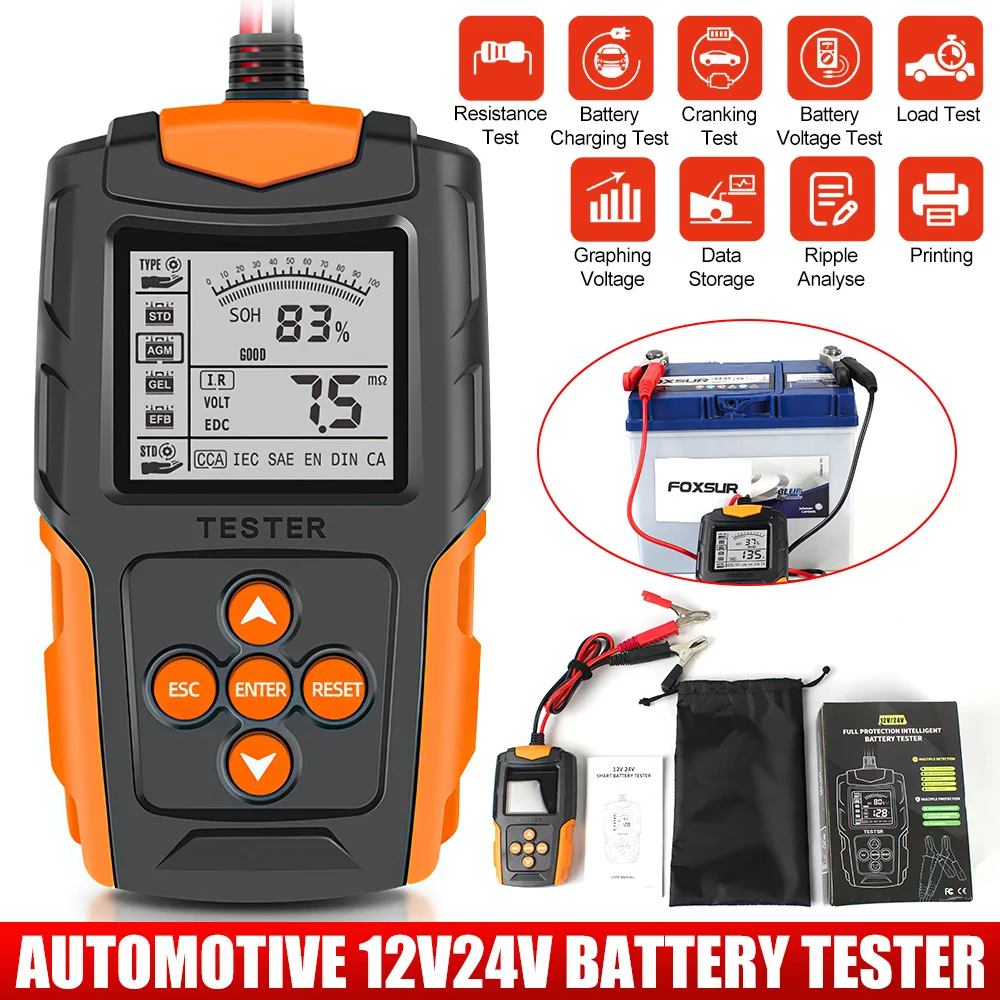 

FOSITAN тестер автомобильного аккумулятора 12 В 24 В анализатор аккумулятора с ЖК-дисплеем зарядка диагностический тестер автомобильного аккумулятора и зарядное устройство инструменты