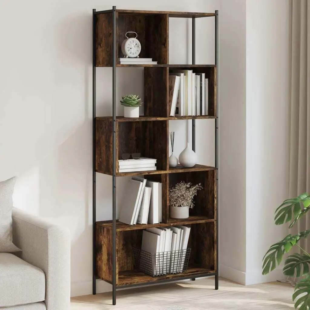 Smoked Oak Bookcase 28.3x11x67.7 Shelf Unit - Sturdy Engineered Wood Storage Solution