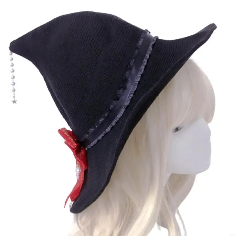 Halloween Witch Hat for Women with Tassels Bowknot Y2K Lolitas Photography Props Female Wizard Cosplay Headgear