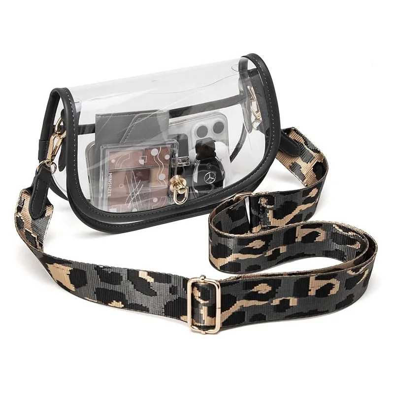 OUIO Phone Pouch Fashion Clear PVC Saddle Bag Gold Twist Lock Leopard Adjustable Strap Transparent Crossbody Purse For Women view 5