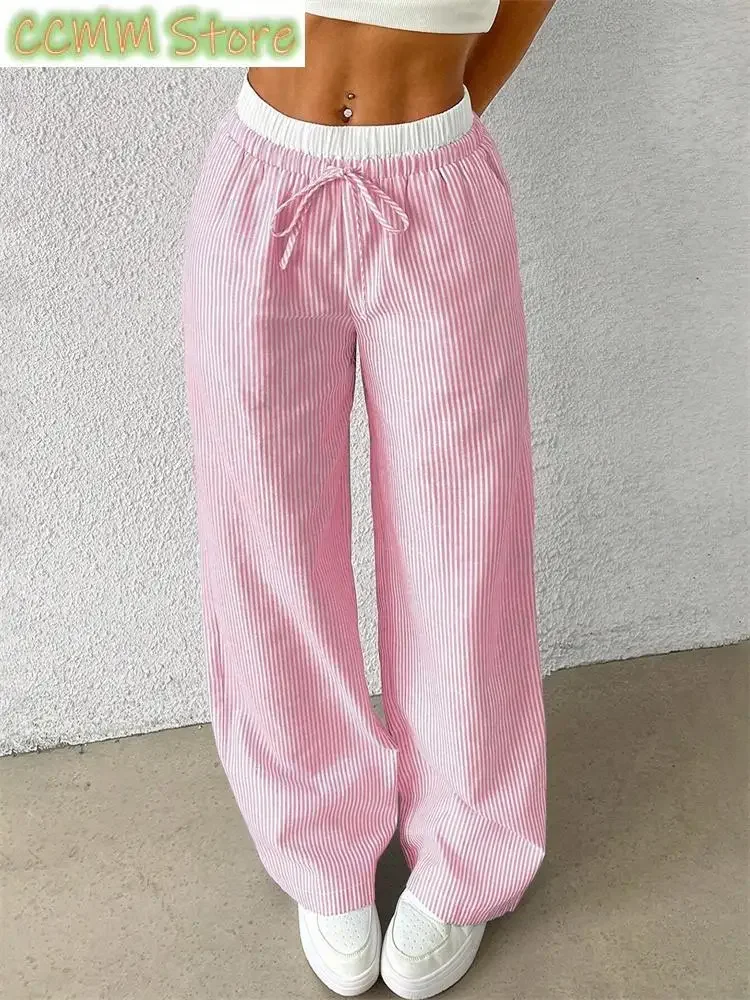Women's Casual Striped Woven Wide Leg Pants Fall Winter Casual Stylish Full Length Trousers Clothes Streetwear
