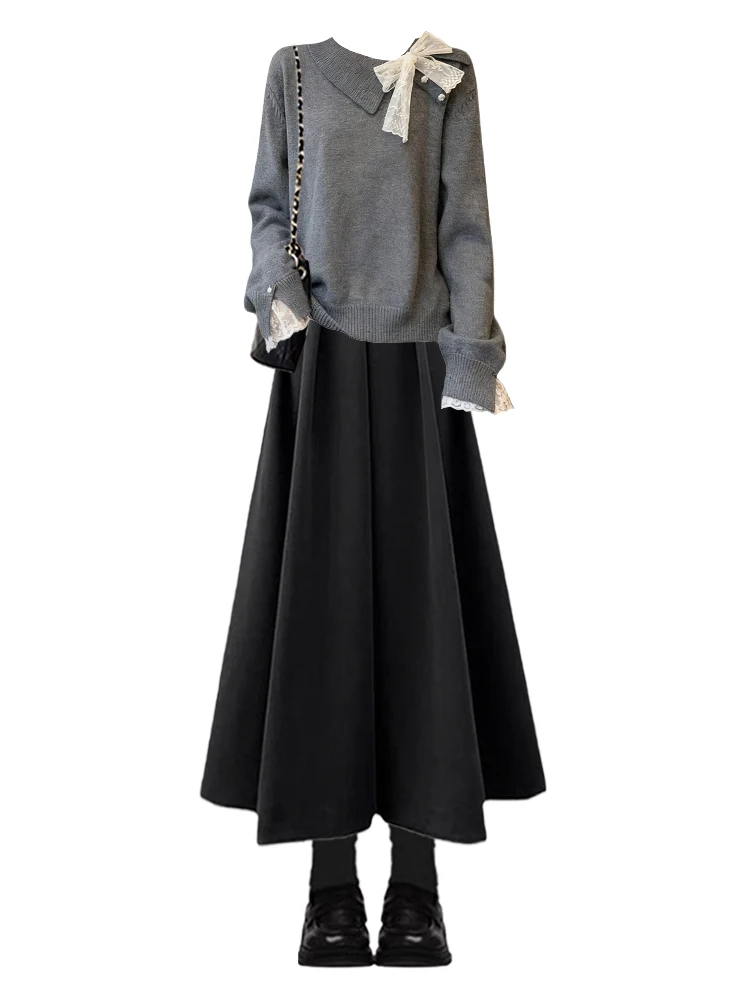 set lavorato a maglia opaco donna inverno Aosphere Knot ey Top vita alta dimagrante set due pezzi gonna longuette a vita alta