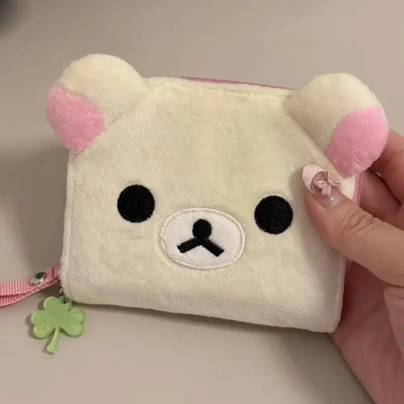 Porte-monnaie en peluche Kawai Rilakkuma pour femmes, porte-cartes compact pliable, portefeuille portable mini, sac de rangement, cadeau mignon