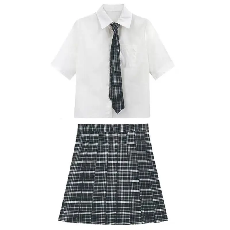 Primavera verão jk uniforme saia genuína faculdade de manga curta camisas brancas xadrez saia plissada duas peças conjunto roupas escolares femininas