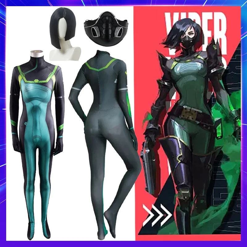 Anime Game Valorant Viper Cosplay Costume Bodysuit Jumpsuit Wig Mask Zentai Suit Party Carnival Character Dress For Aduit Kids