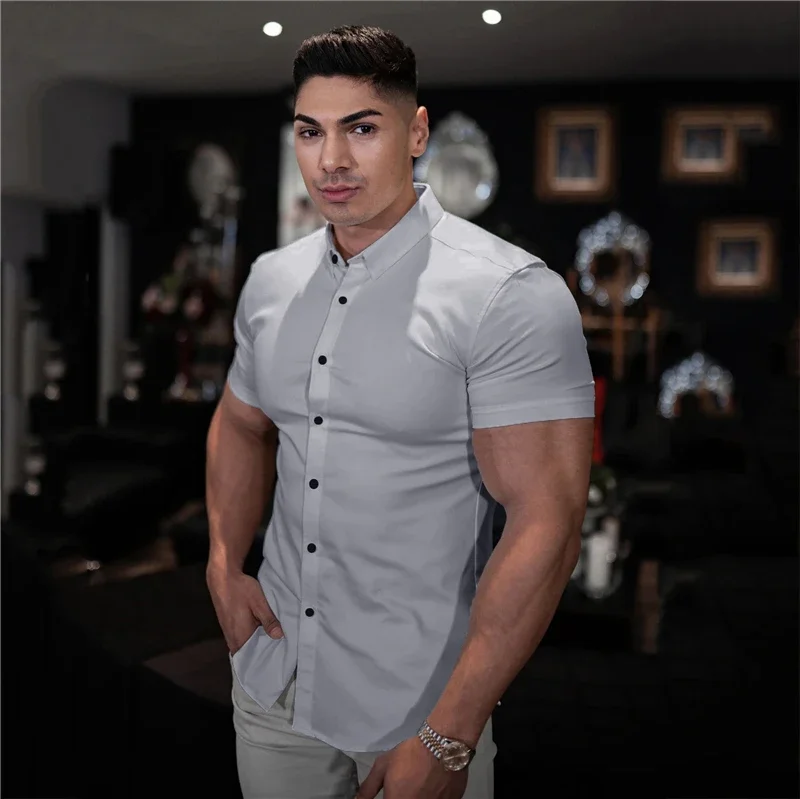 Men\'s Fitness Short-sleeved Lapel Shirts Stretch Thin Solid Color Bodybuilding Tops Casual Cardigan Business Iron-free T-Shirt