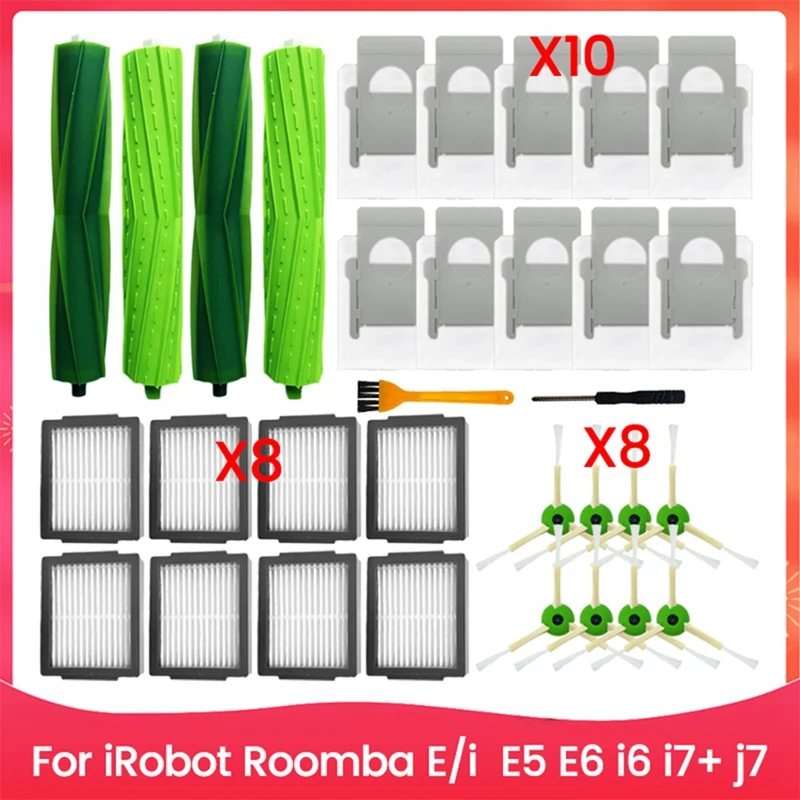 قطع غيار SANQ لسلسلة Irobot Roomba E/I، E5 E6 I6 I7+ J7، 2 مجموعة فرشاة دوارة 10 أكياس مكنسة 8 فرشاة جانبية، 8 فلتر