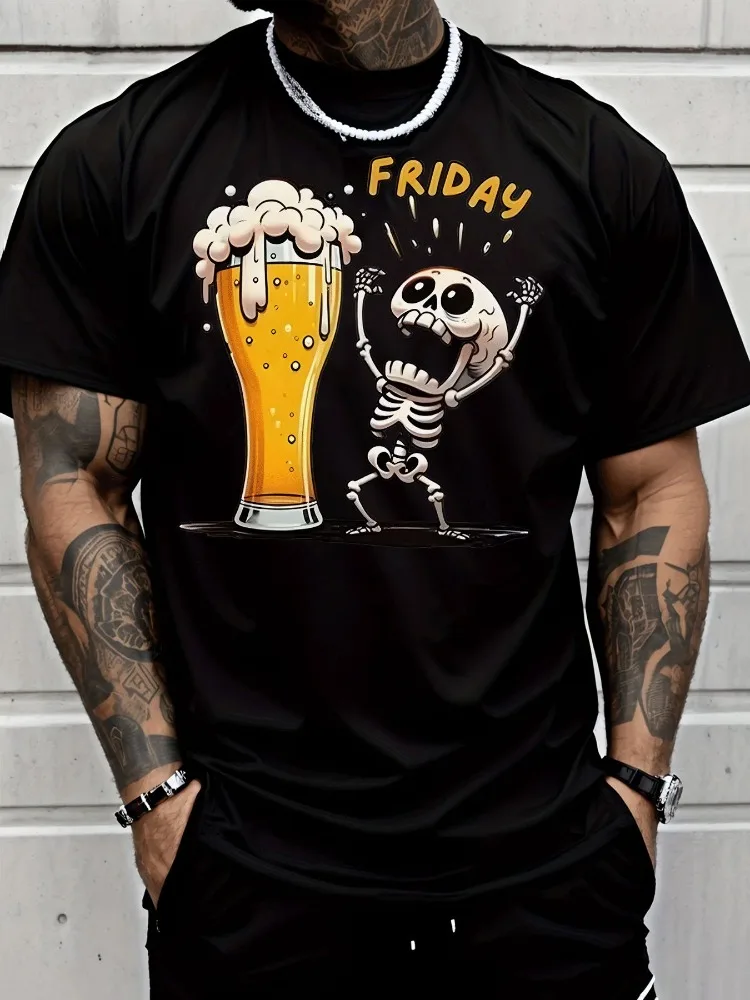 Novelty Skeleton Theme Mens Red Short Sleeve Cotton Tshirt Friday Celebrate Beer Cartoon Print Breathable Daily Party Tops