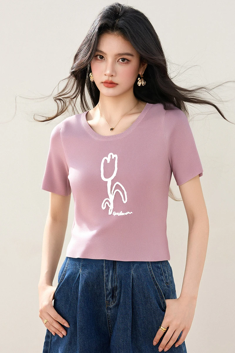 2025 الصيف ثلاثية الأبعاد زهرة التوليب الصوف تمتد سليم صالح قصيرة الأكمام الجولة الرقبة متماسكة سترة المرأة بلايز