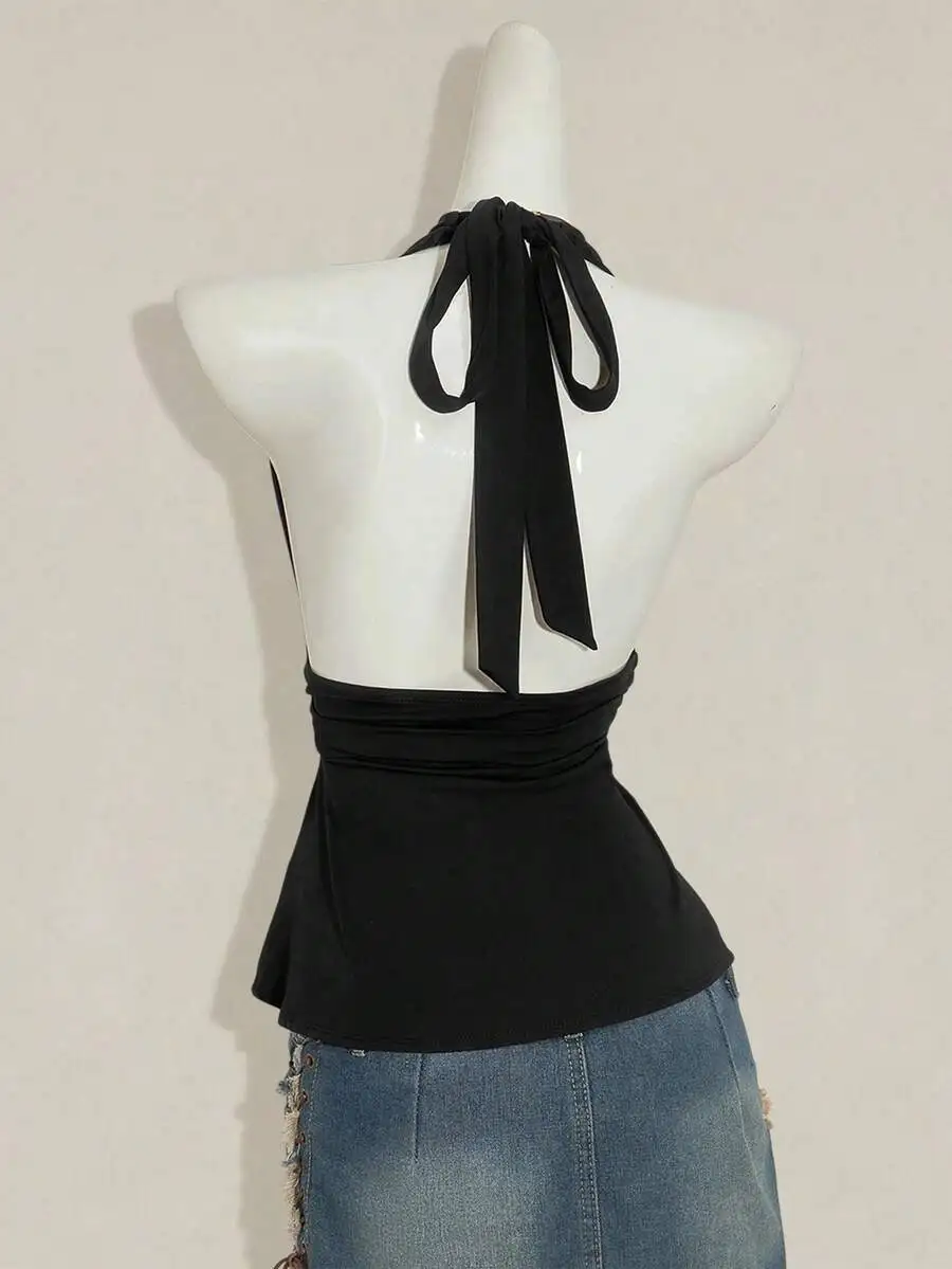 Black Peplum Halter Top With Tie Back Detail For Women Casual Backless Babydoll Tank Summer Style