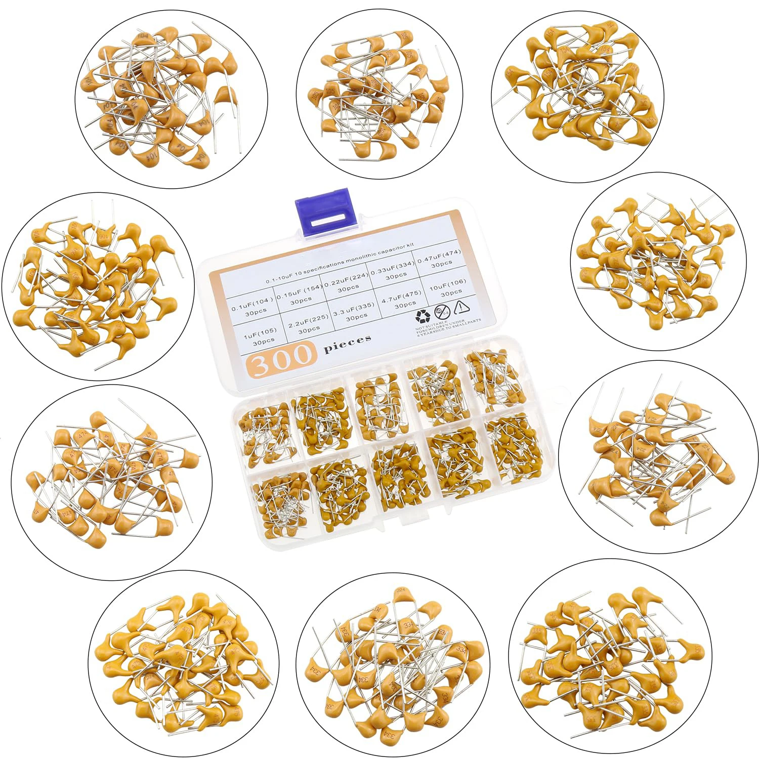 10 Values 300 Pcs Ceramic Capacitor 0.1 0.15 0.22 0.33 0.47 0.68 1 2.2 4.7 10 uF Multilayer Monolithic Ceramic Capacitor