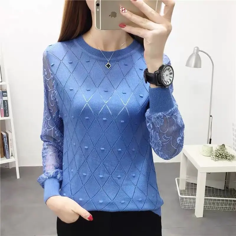 2024 Spring and Autumn New Arrivals Lace Hollow Out Loose Large Size Crew Neck Long Sleeve Solid Color Sweater Pullovers Tops