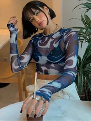 Fashion Female Mesh Crop Top Sheer Print round Neck Long Sleeve T-Shirt Pullover Sexy Y2K Harajuku Streetwear Top