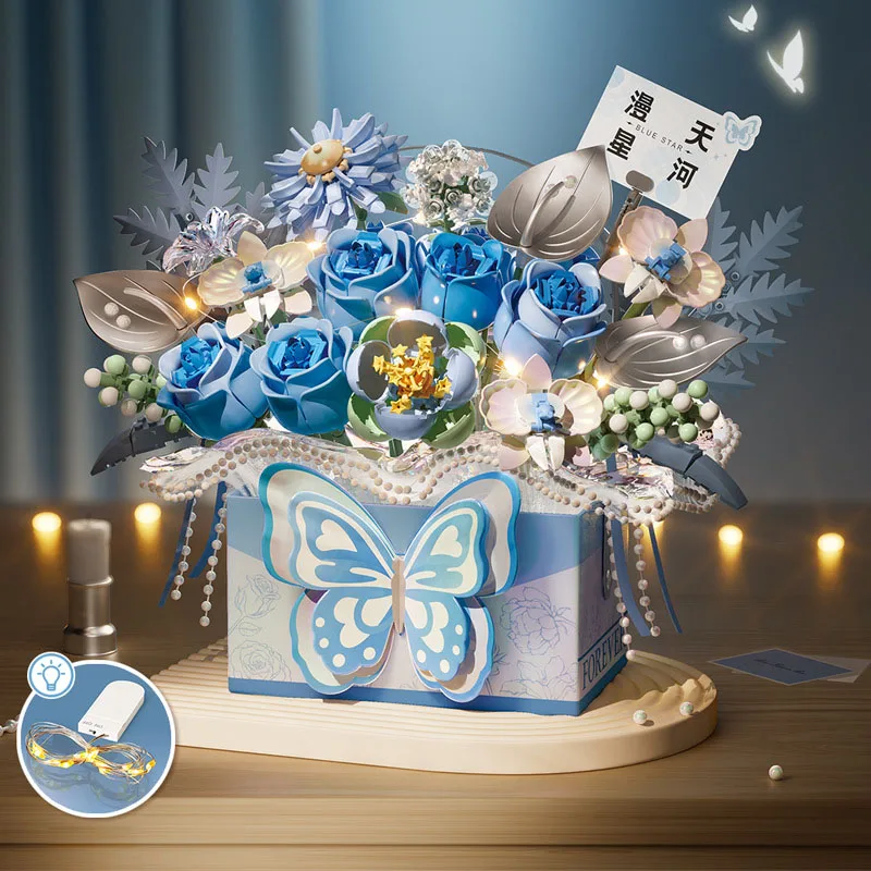 Loz Mini Diamond Building Block Kotak Bunga Mawar Krisan Ide Bata Kupu-Kupu Keranjang Mainan Dengan Lampu Untuk Hadiah Anak Perempuan