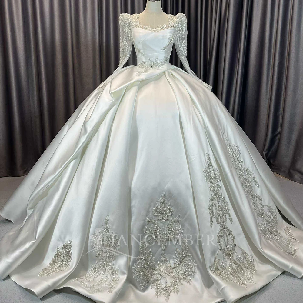 

Customization Vintage Satin Princess Wedding Dresses Ball Gown Long Sleeves Formal Bridal Gowns Vestidos De Noiva Lace Up Back