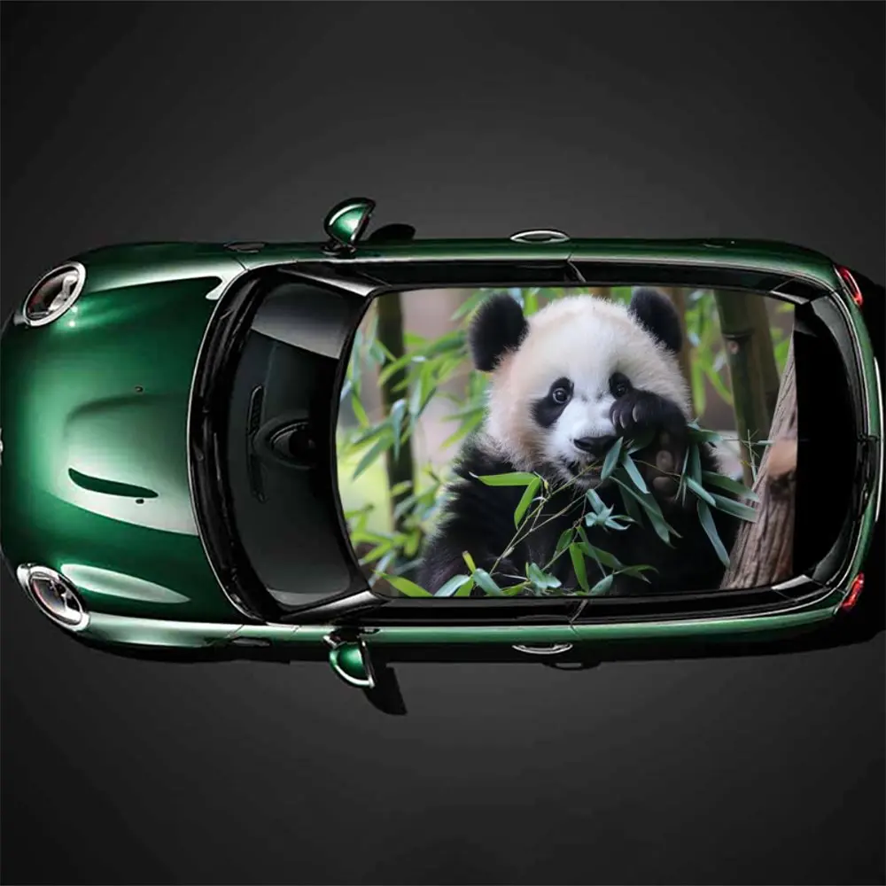 Zoo Animal Panda Eating Bamboo Car Roof Sticker Wrap Racing SUV Auto Accessories Packaging PVC Car Hood Graphic Decal Decoration