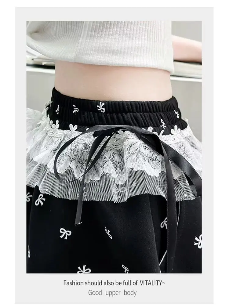 UNITIM Frühlingshosen mit Schleife für Mädchen, bedruckte Wide-Leg-Hosen für Teenager-Mädchen, lockere Kinderhosen, Freizeithosen für Kinder, 5–14 Jahre – Detail 4
