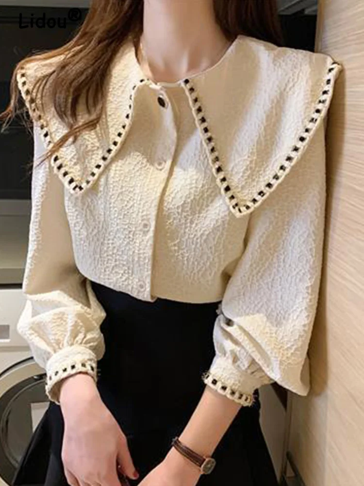 Elegant Fashion Temperament Single Breasted Long Sleeve Shirt New Summer Autumn 2022 Peter Pan Collar Women\'s Clothing Cardigans