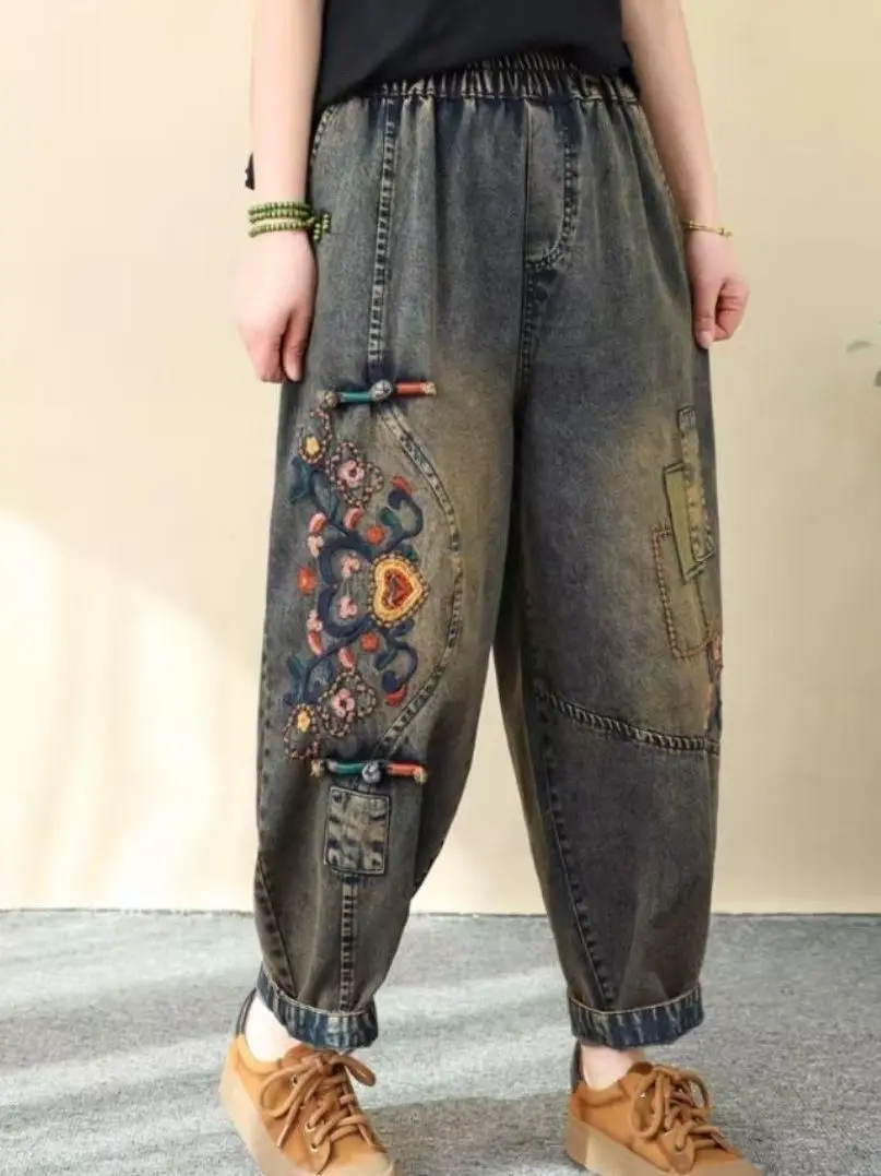

Retro Ethnic Embroidered Button Denim Jeans Women's Spring Summer New Loose High Waist Nine Points Harlan Pants Casual Wear