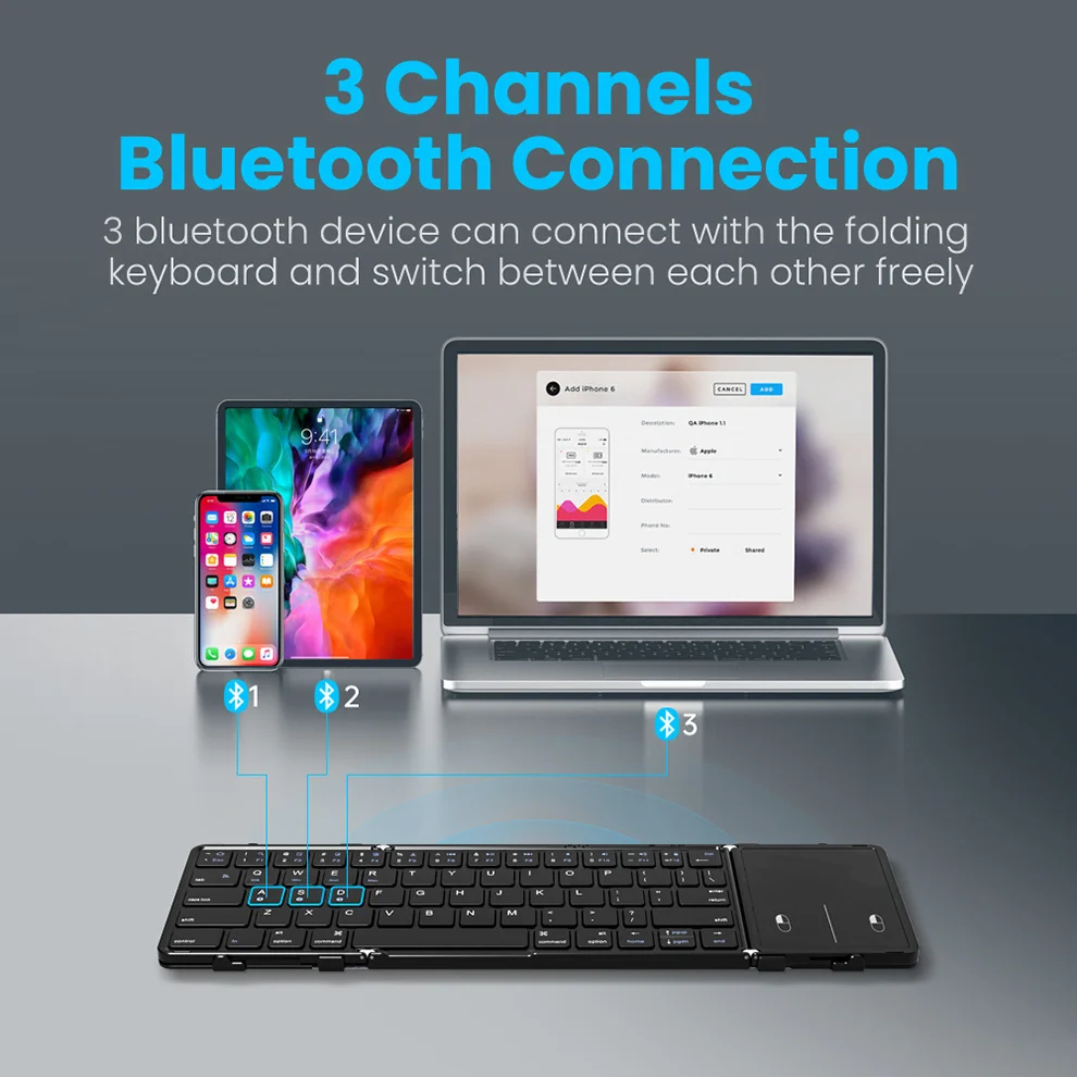 Teclado Bluetooth dobrável com Touchpad Teclado dobrável sem fio com couro PU para iOS Android Windows, suporte para 3 dispositivos