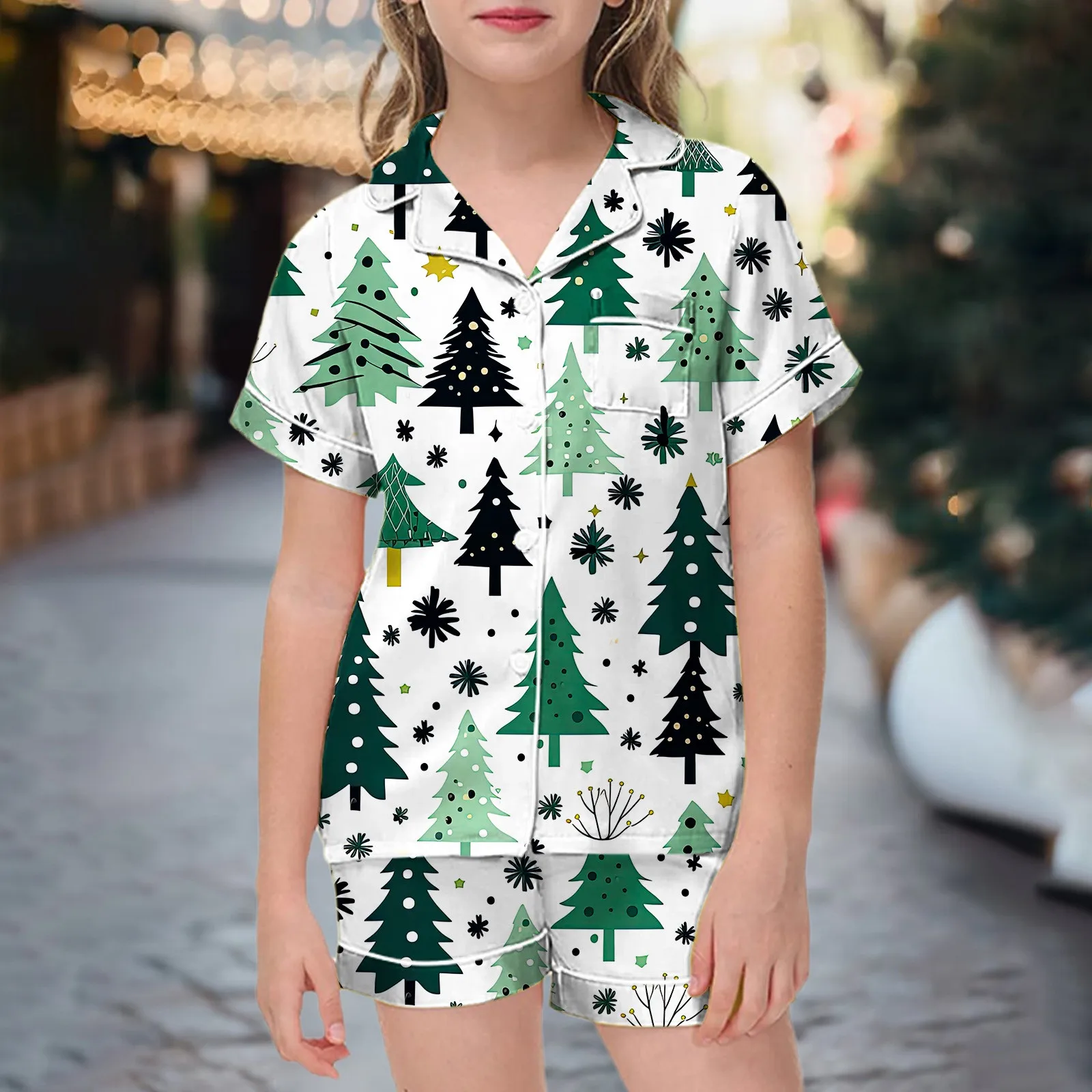 

Christmas Pajamas Pattern Print Pattern Shirt Shorts Pajama For Kids Children Short Sleeve Button 2 Piece Sets Girl Loungewear