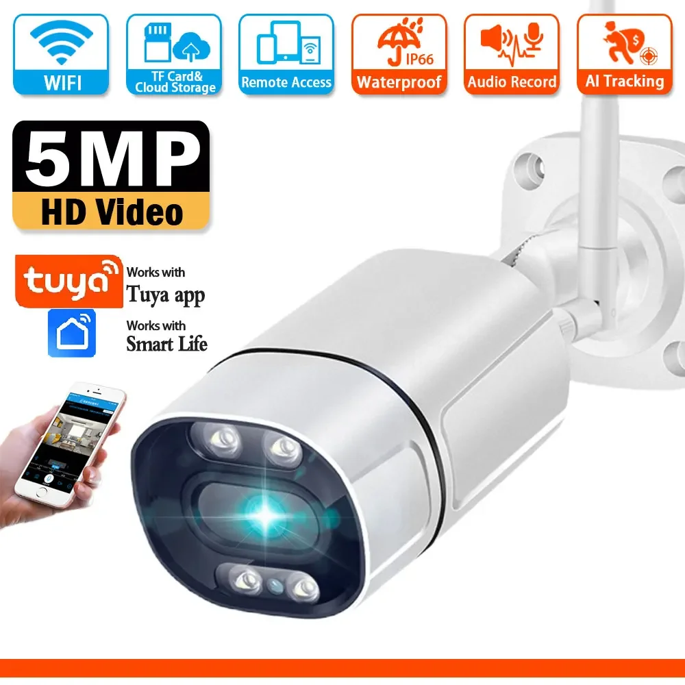 Smart Life 5MP Wifi Bullet Security Camera with Color Night Vision Outdoor Wireless Tuya CCTV Vide Surveillance  2 Way Audio