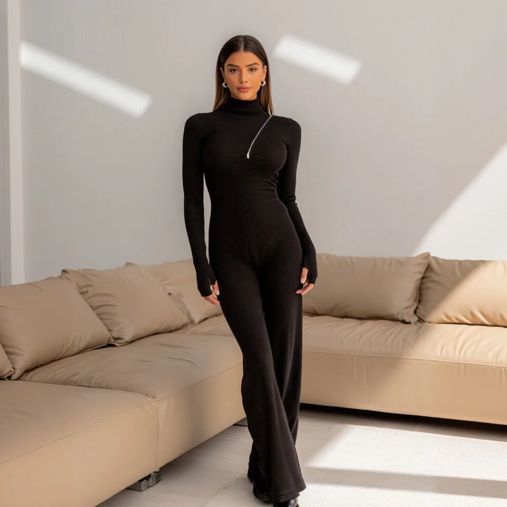 

Spring Autumn Tight Fit Casual High Collar Jumpsuit Women's Fashion Comfortable One-Piece Suit for All Seasons