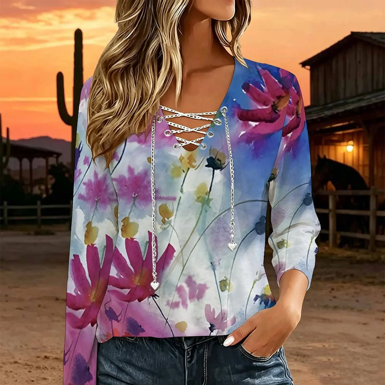 Blusa Casual Holgada para Mujer con Cuello en V, Manga Larga, Cadena Metálica, Cordones Cruzados, Recortes y Estampado Personalizado, Estilo Western