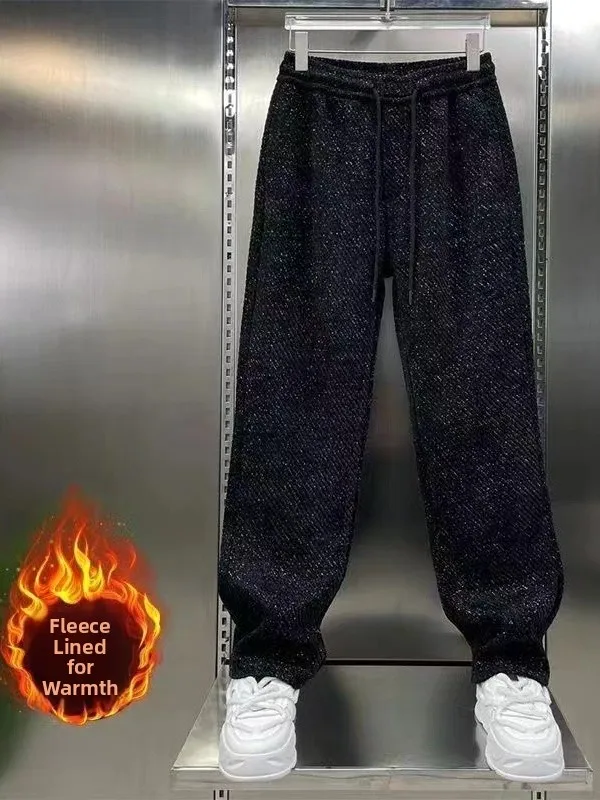 

American Sle Thiened Fce Lined Wide Leg Casual Pants Loose Straight Cut Men's Loose Fit Long Trousers for Autumn Winter