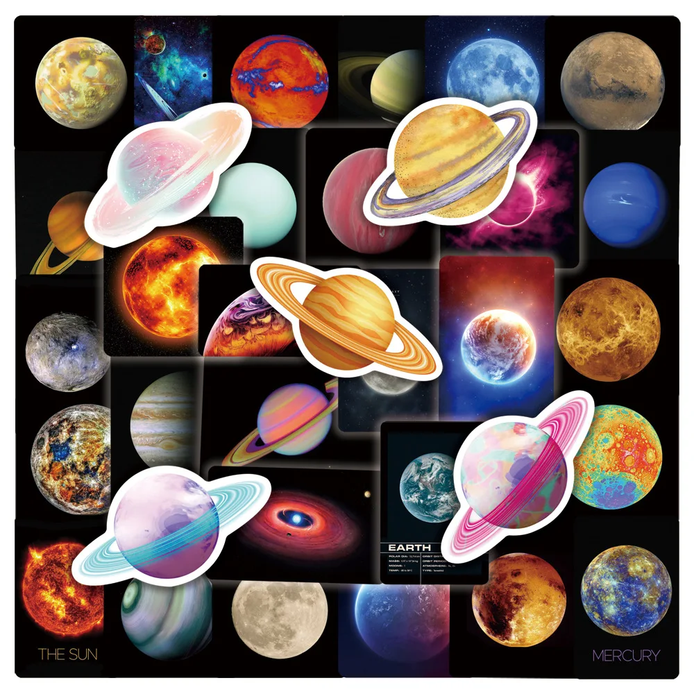 50pcs Universe Planets Stickers Laptop Stationary Scrapbook Notebook Luggage Aesthetic Outer Space DIY Decals for Kids Gift