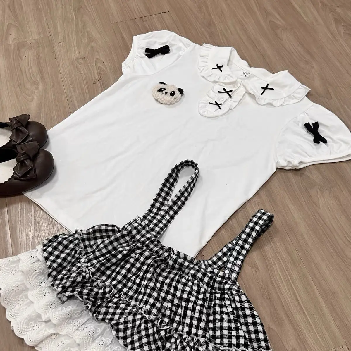 

Onalippa Soft Girl Cute Doll Collar Teddy Bear Short Sleeved T-shirt Sweet Lace Shoulder Strap Plaid Cake Puffy Skirt Women