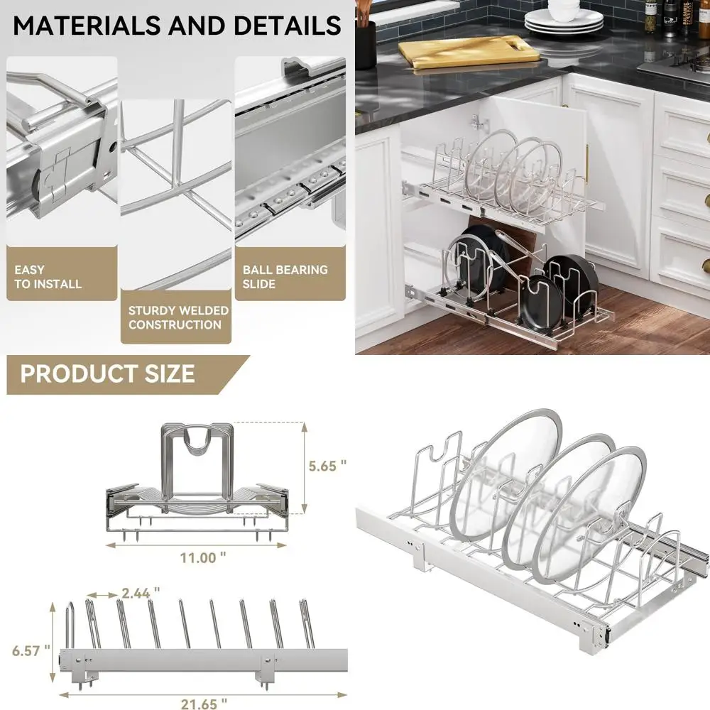 

Pull-Out Pot Lid Organizer, 12x22 Kitchen Storage Rack with Full-Extension Slide, Wire Dividers Under Cabinet