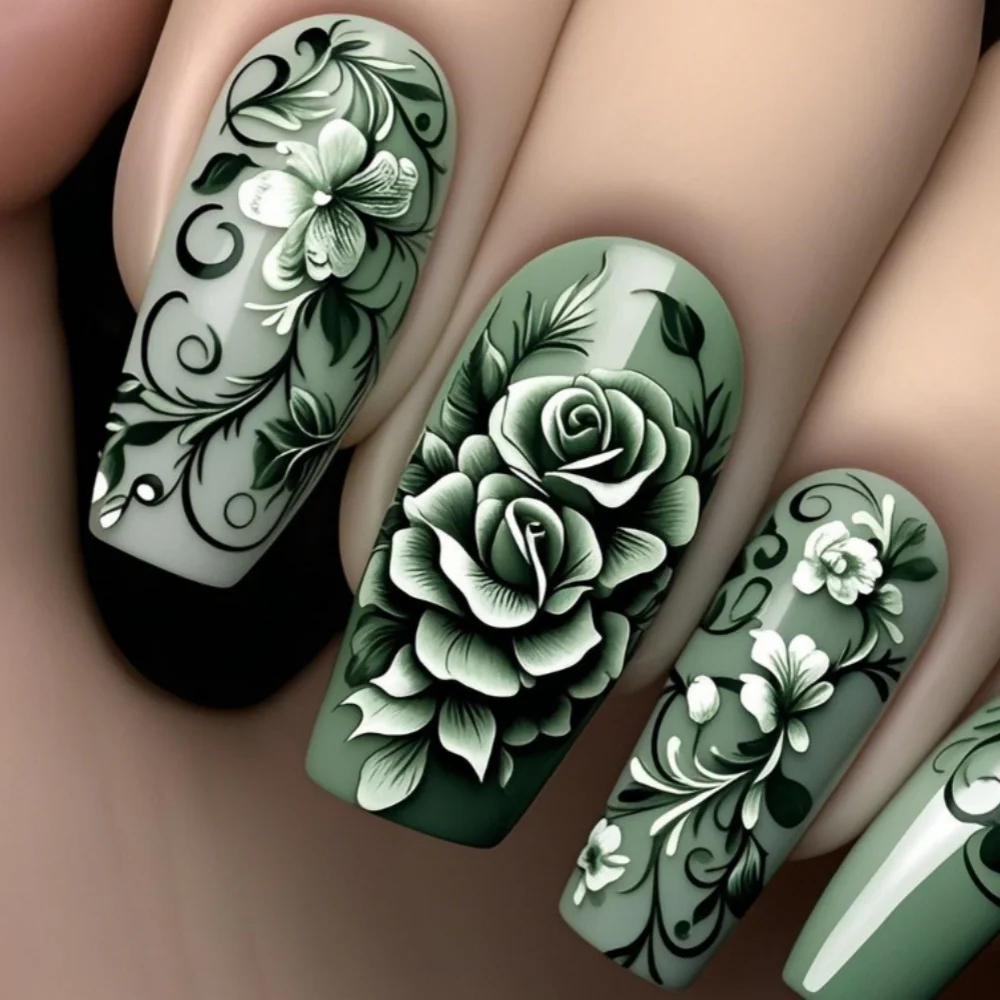 

24pcs Fashion Ballet Nails Set Press on With Flower Design Green Short Coffin False Nails Tip Reusable Simple Fake Nail Finished