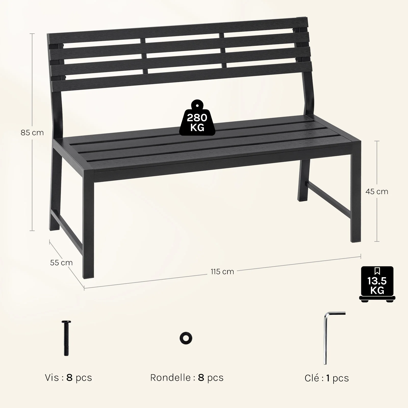 WOLTU Weerbestendige tuinbank voor 2-3 zitplaatsen 115 cm metalen buitenbank Maximaal belastbaar tot 280 kg voor balkon, patio, veranda, park