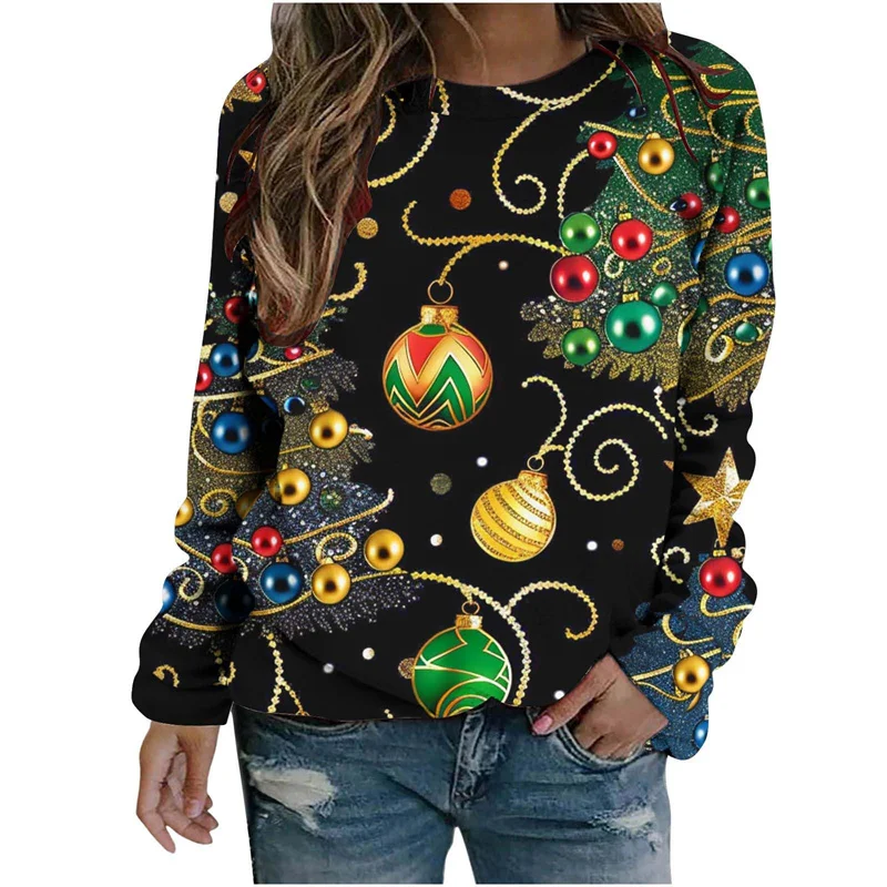 Funny Christmas Trees Ornaments 3D Printing Sweatshirts Reindeer Xmas Graphic Ugly Christmas Sweatshirts Mens Round Neck Hoodies