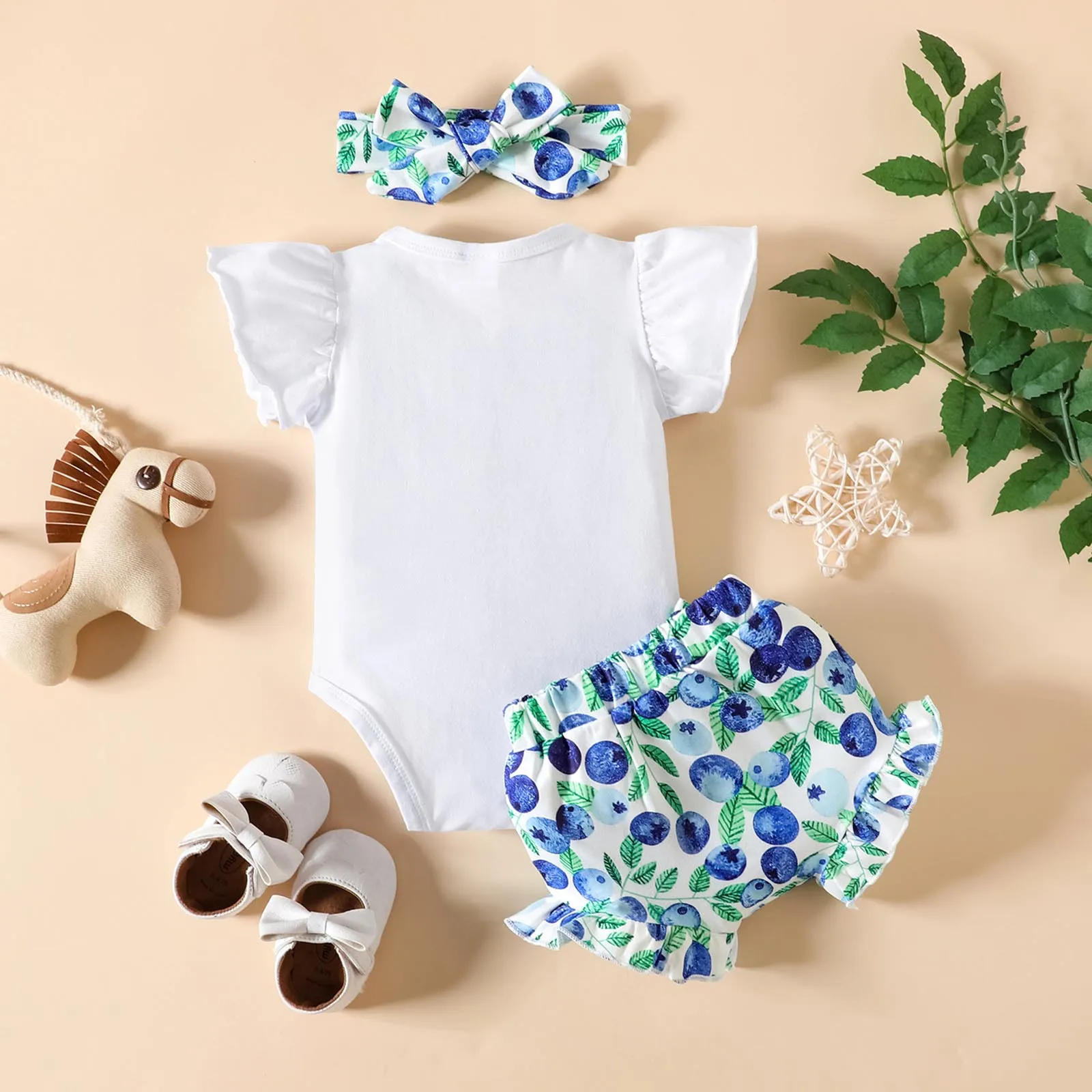 0-18M Baby Girl's Letter Print Flying Sleeve Clothes Sets Sunflower Blueberry Rompers+Shorts+Headband 3Pcs Suit for Summer Wear